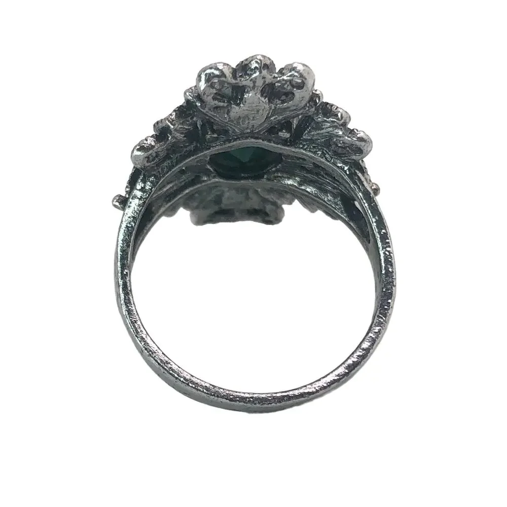 Silver and Green Rhinestone Statement Ring - Size 9